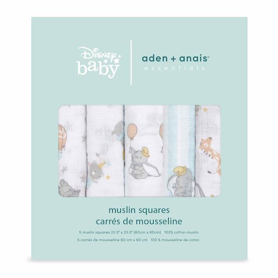 Aden et Anais 5 musy-langes en mousseline de coton Essentials Dumbo New Heights 60x60 cm