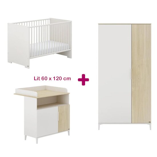 Yuny by Paidi Chambre bébé complète Pomeline : lit 60x120, commode, armoire   Yuny by Paidi Chambre bébé complète Pomeline : lit 60x120, commode, armoire