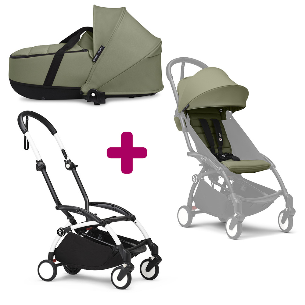 Pack Poussette duo chassis YOYO³ Blanc + pack 6+ YOYO³ Olive + nacelle YOYO³ Olive Stokke