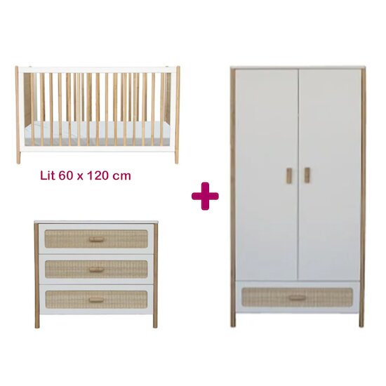 Théo Chambre bébé complète Océania Blanc : lit 60x120, commode, armoire   Théo Chambre bébé complète Océania Blanc : lit 60x120, commode, armoire