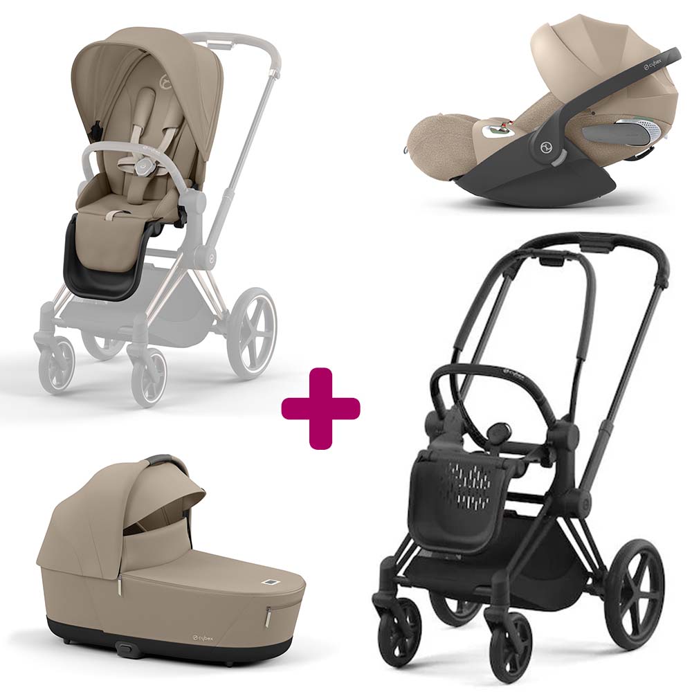 Cybex - Pack Trio Châssis poussette Priam matt black 2022 + Siège Cozy Beige + Nacelle Luxe Priam Cozy Beige + coque Cloud T i-size Cozy Beige  Cybex