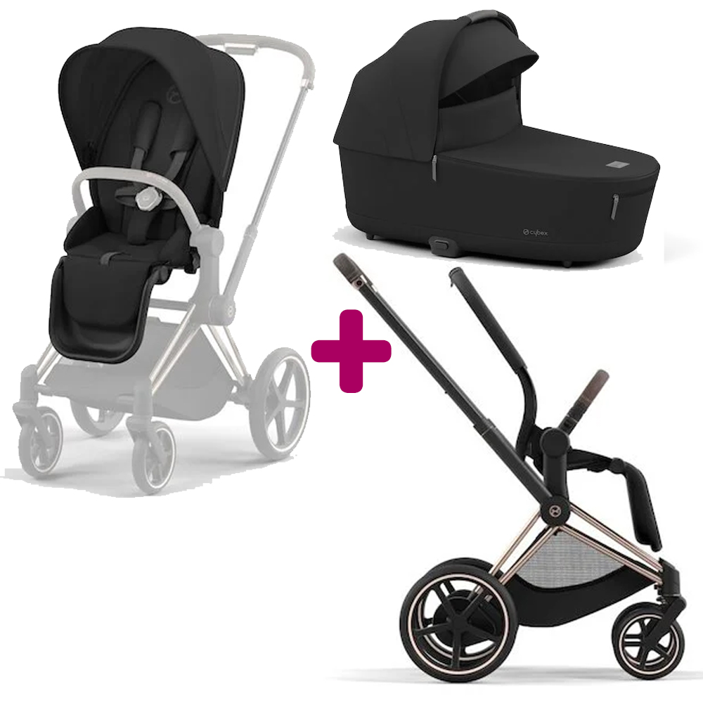 Pack poussette duo Epriam Chassis rosegold + siège sepia black+ nacelle sepia black Cybex
