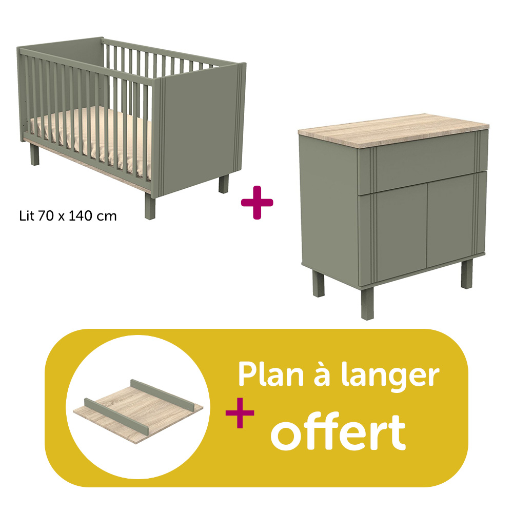 Sauthon - Chambre Duo Eléonore kaki : lit 70x140, commode, plan offert  Sauthon