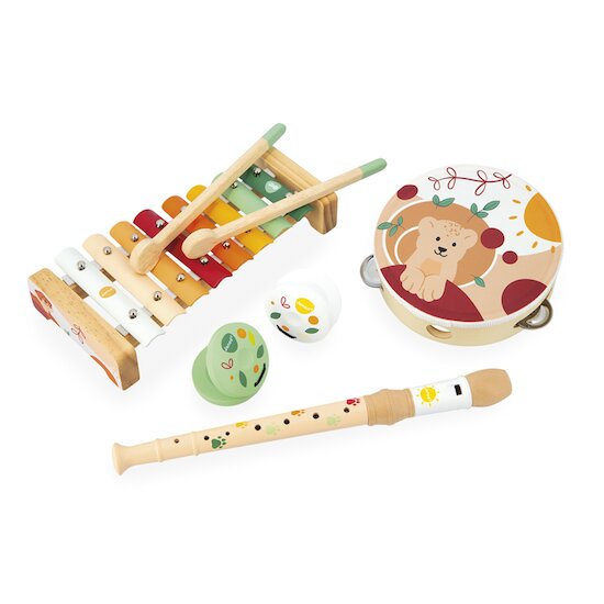 Janod Gamme Sunshine - Set Musical Bois - Xylophone, Tambourin, Castagnettes, Flûte - Couleurs Douces Multicolore 