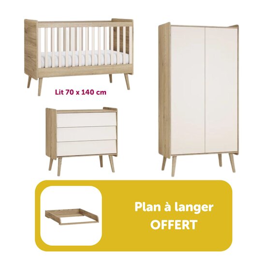 Chambre Bébé Trio Vintage Fresh : Lit évolutif 70x140 cm Chêne/Sable-Beige + Commode + Armoire 2-portes + Plan à Langer Offert 