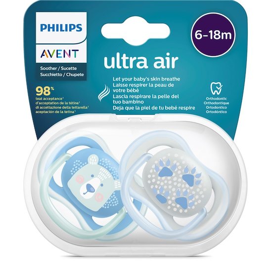 Philips Avent 2 Sucettes ULTRA aérées Bleu Ours 6-18 mois