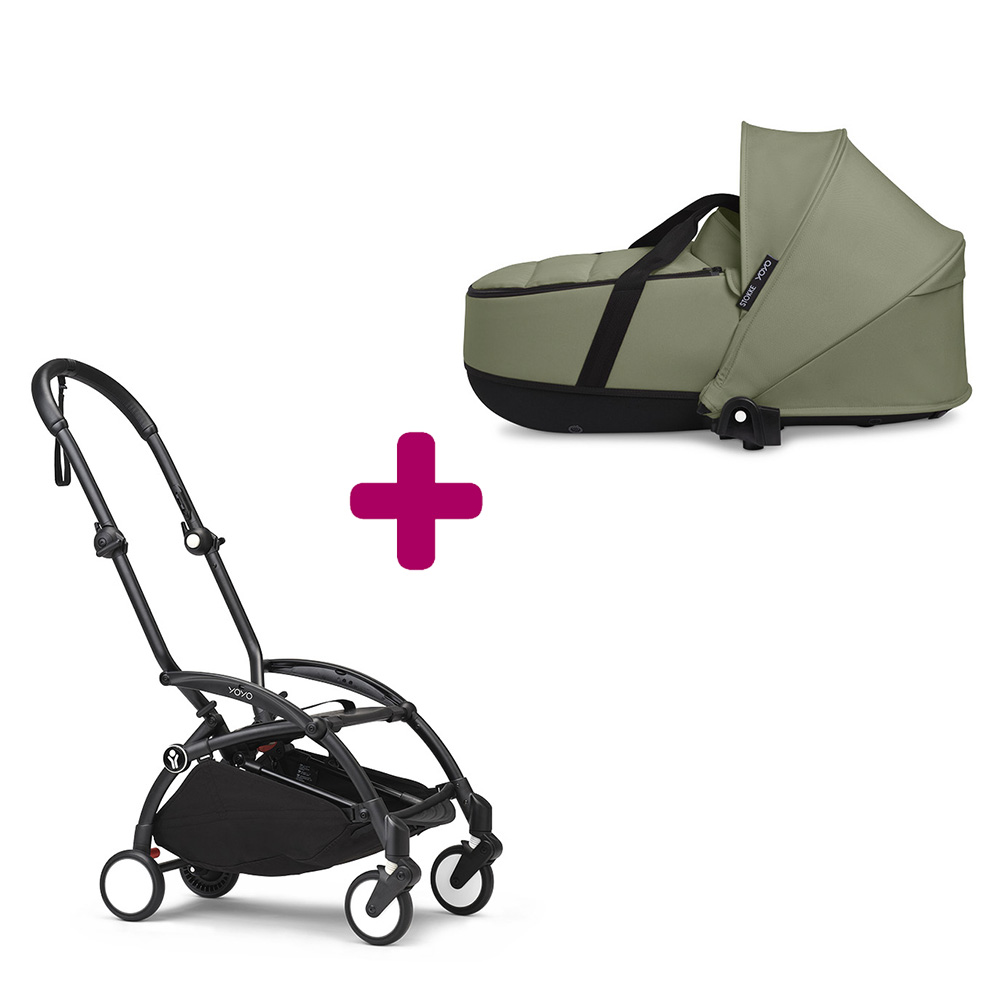 Pack chassis poussette YOYO³ Noir + nacelle YOYO³ Olive Stokke