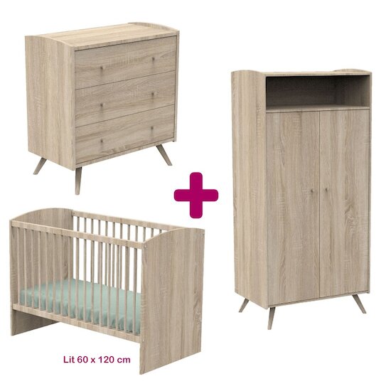 Sauthon Chambre bébé complète Access bois : lit 60x120, commode, armoire   Sauthon Chambre bébé complète Access bois : lit 60x120, commode, armoire