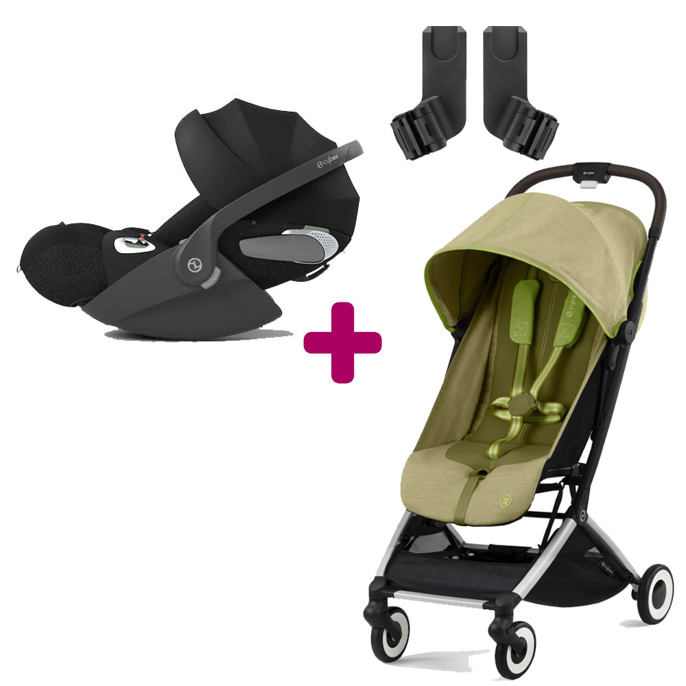 Pack Poussette duo Orfeo Nature Green + Coque Cloud T i-size Sepia Black + adaptateurs coque Cybex