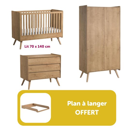 Chambre bébé complète Vintage : Lit 70x140 + commode Bois + armoire + plan à langer offert