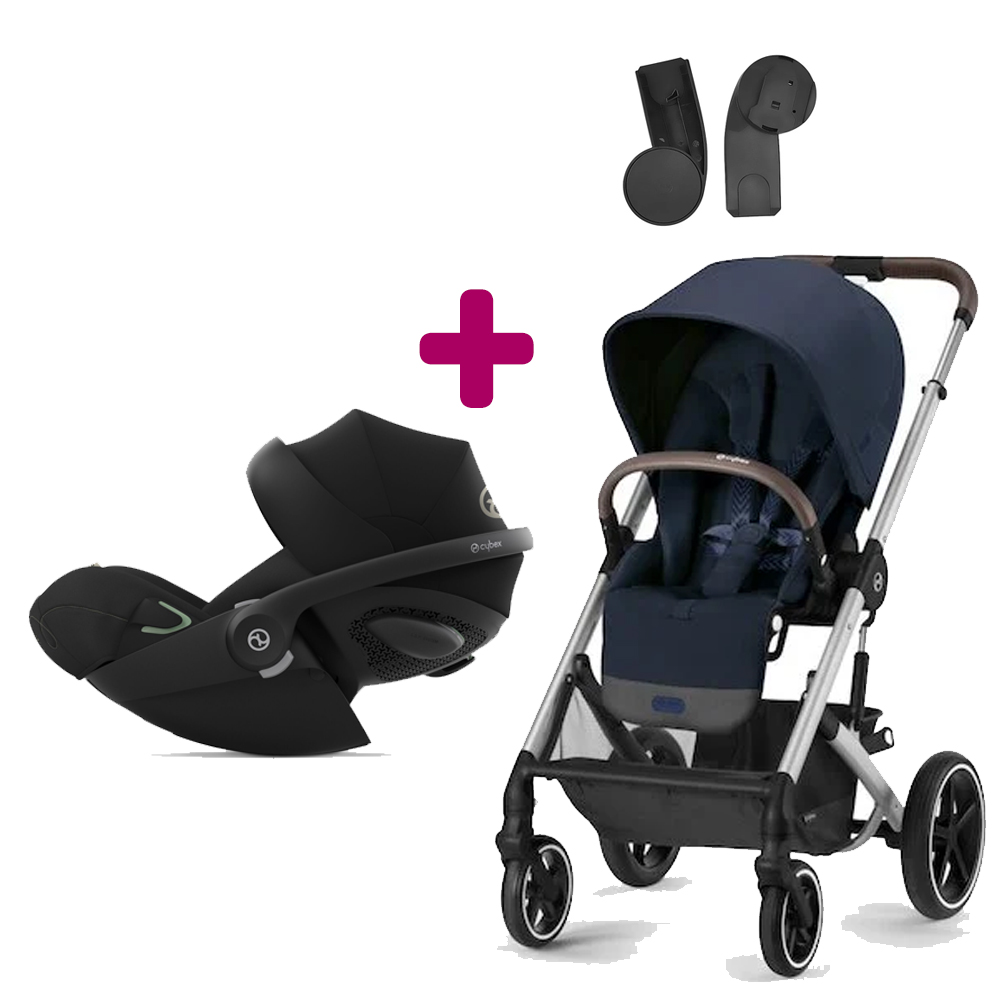 Cybex - Pack Poussette Duo Balios S Lux châssis Silver ocean blue + adaptateurs + Coque Cloud G iSize Moon Black  Cybex