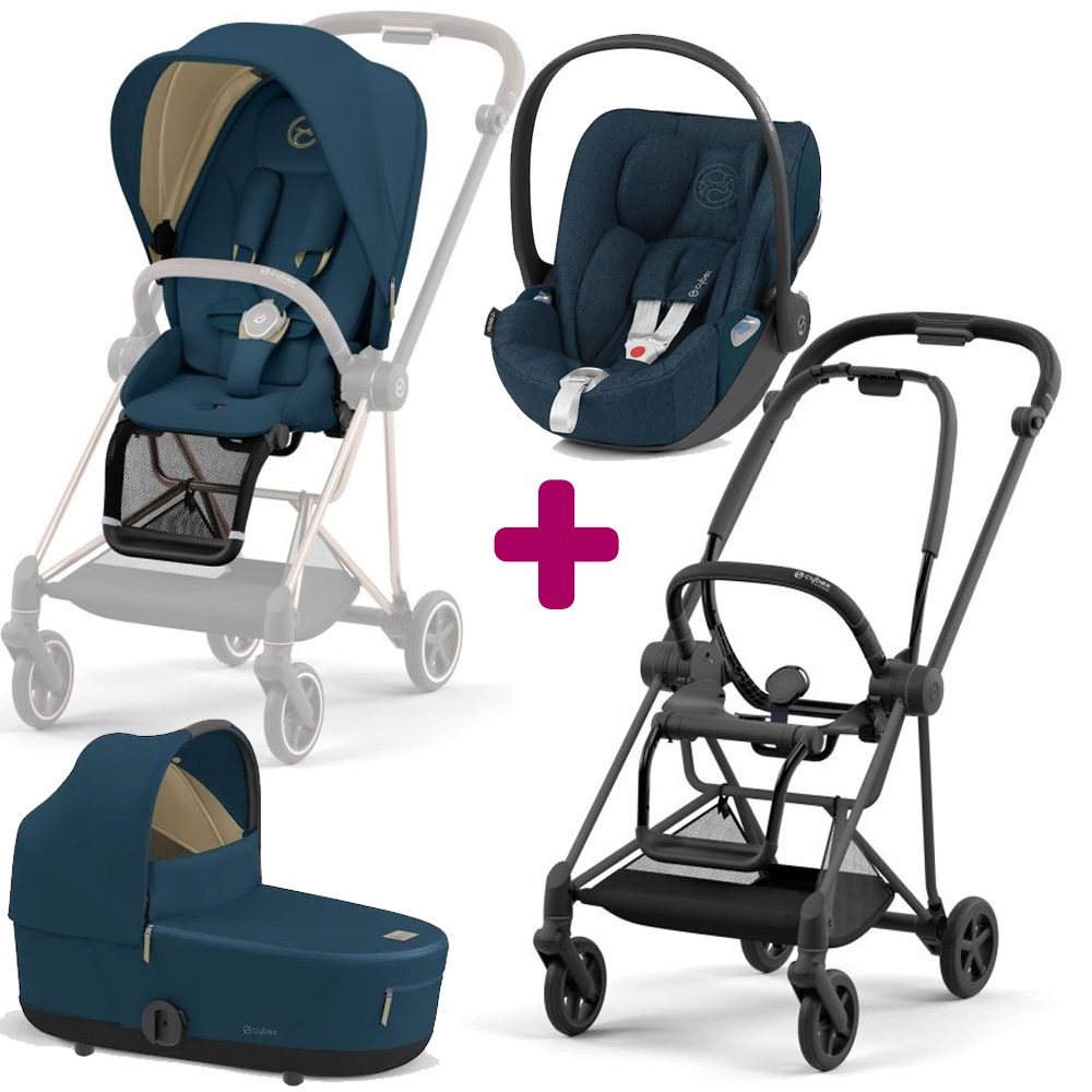 Pack poussette trio Mios 2022 Matt Black + siège + coque Cloud Z + nacelle de luxe Mountain Blue turquoise Cybex