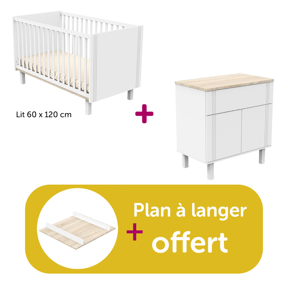 Sauthon - Chambre Duo Eléonore blanc : lit 60x120, commode, plan offert   Sauthon