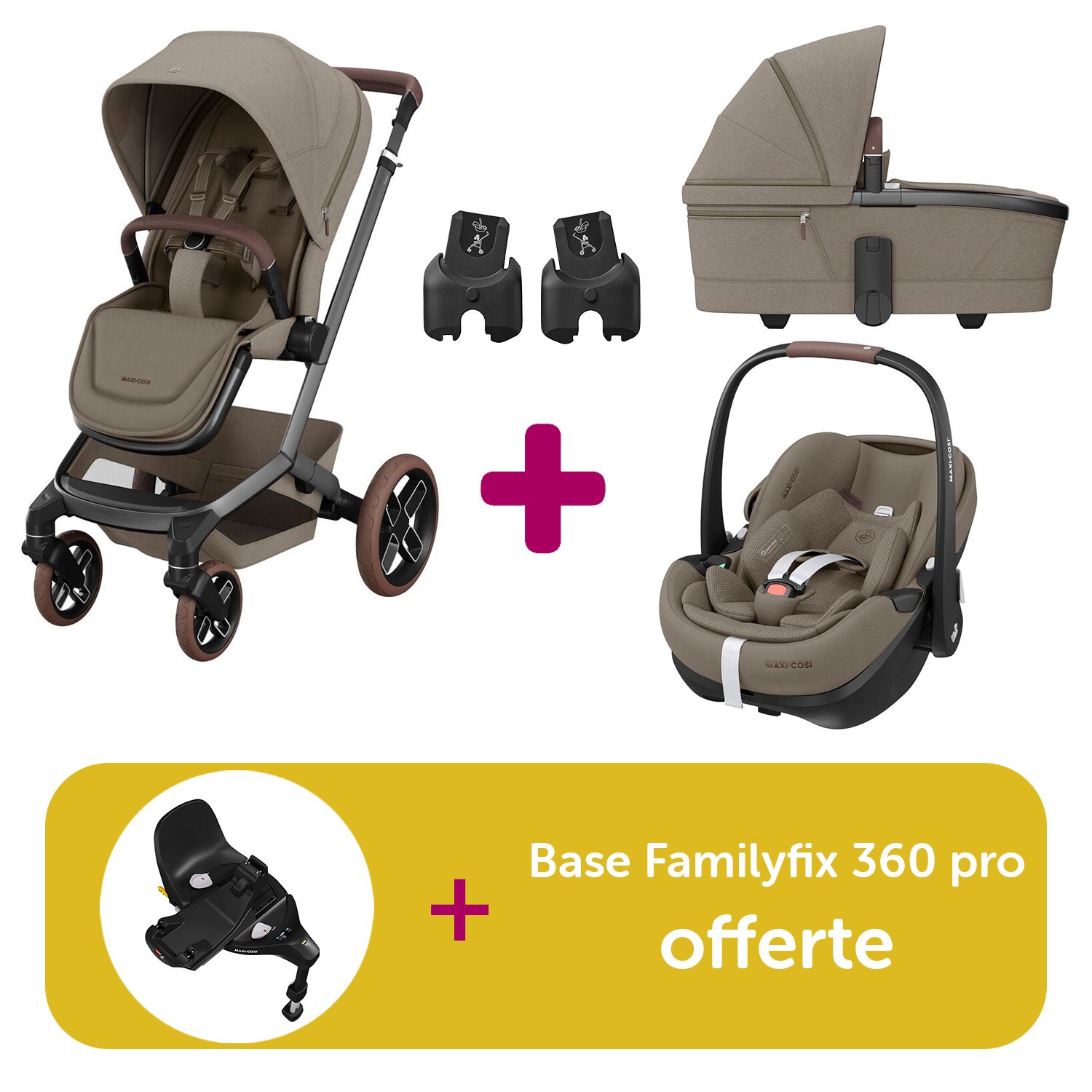 Pack Poussette Trio Fame Twillic Truffle + Nacelle + adaptateurs coques + coque Pebble 360 pro Twillic Truffle = base Familyfix 360 pro offerte  Maxi Cosi