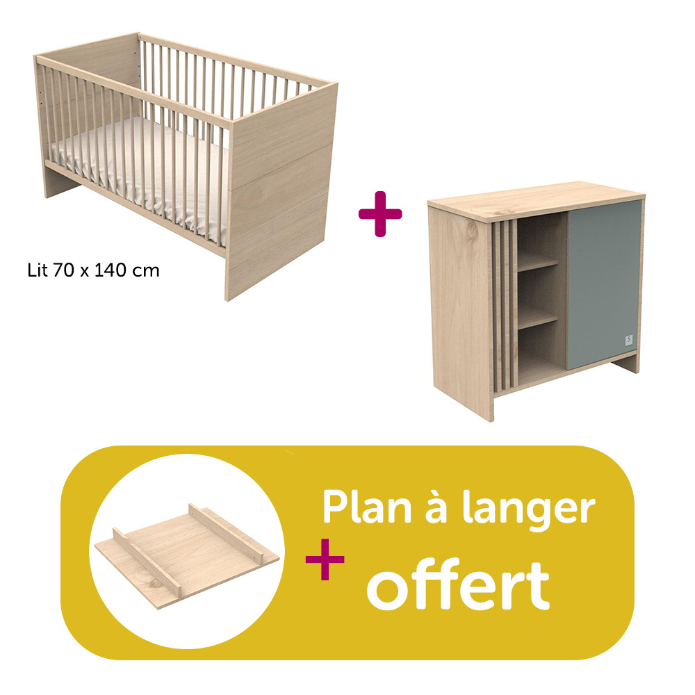 Sauthon - Chambre Duo Tokyo : lit 140x70 commode Sauge  , plan offert  Sauthon