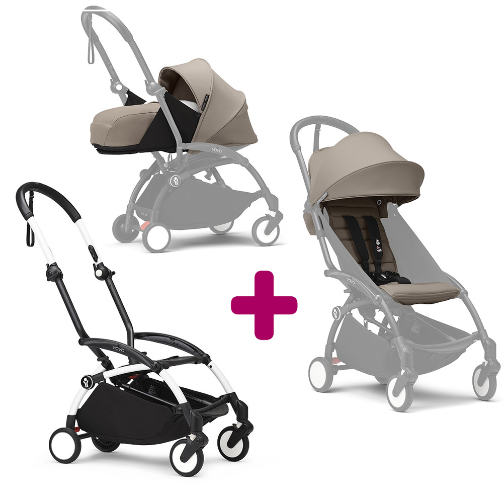 Stokke - Pack Poussette duo chassis YOYO³ Blanc + pack 6+ YOYO³ Taupe + pack nouveau-né YOYO³ Taupe  Stokke