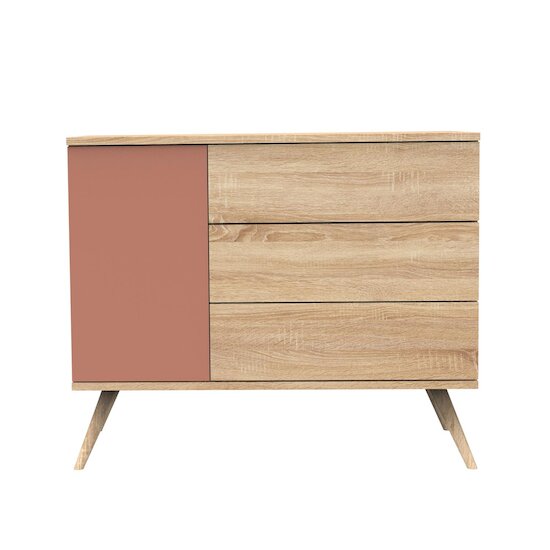 Sauthon Commode 3 porte Seventies Chêne Doré - Terracotta - Hêtre Vernis Naturel 