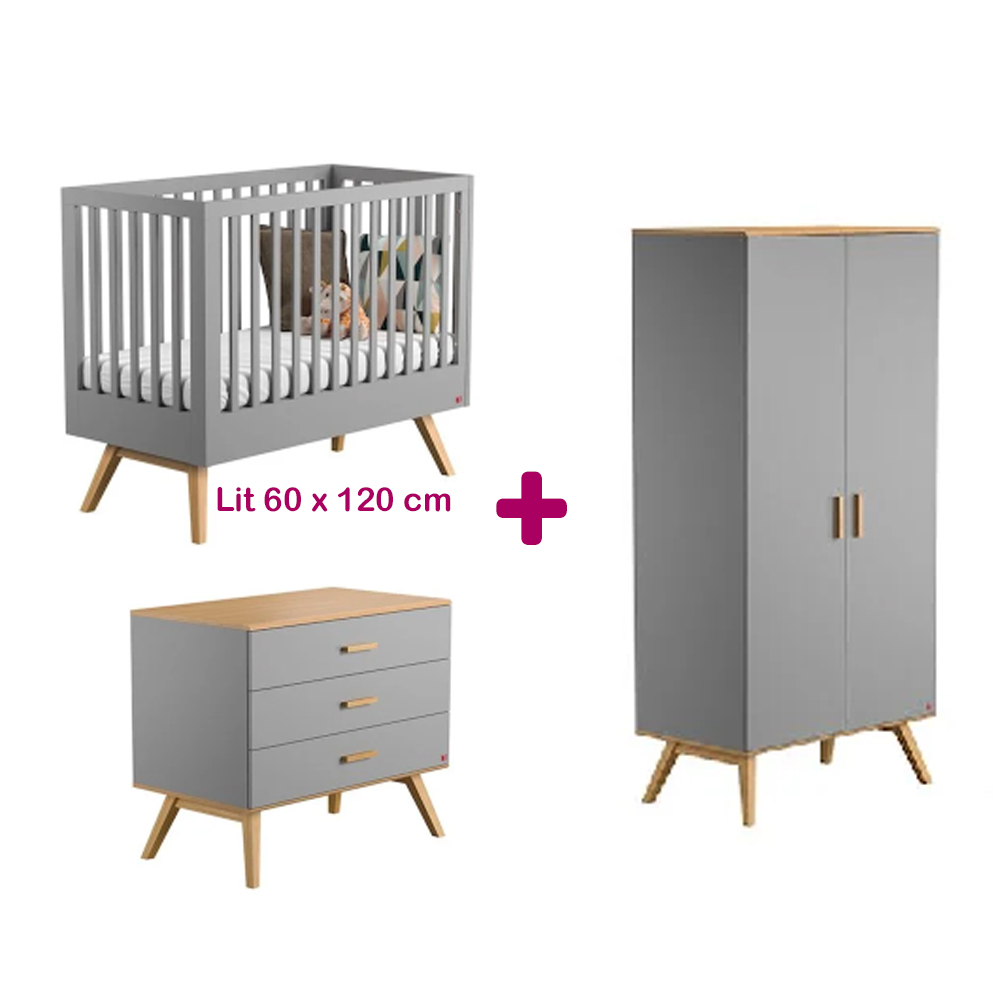 Chambre bébé complète Nautis Gris : lit 60x120, commode, armoire Vox