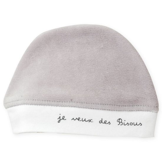 Trois Kilos Sept Bonnet Naissance velours Je veux des bisous Gris 