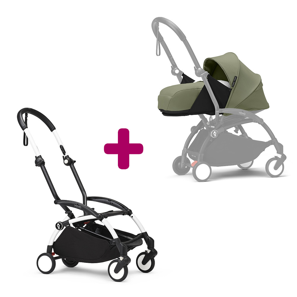 Stokke - Pack chassis poussette YOYO³ Blanc + pack nouveau-né 0+ YOYO³ Olive  Stokke