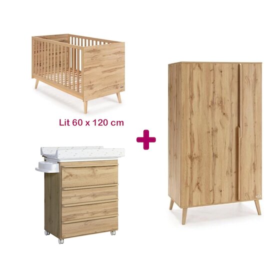 Micuna Chambre bébé complète Martha : lit 60x120 commode à langer avec baignoire, armoire  