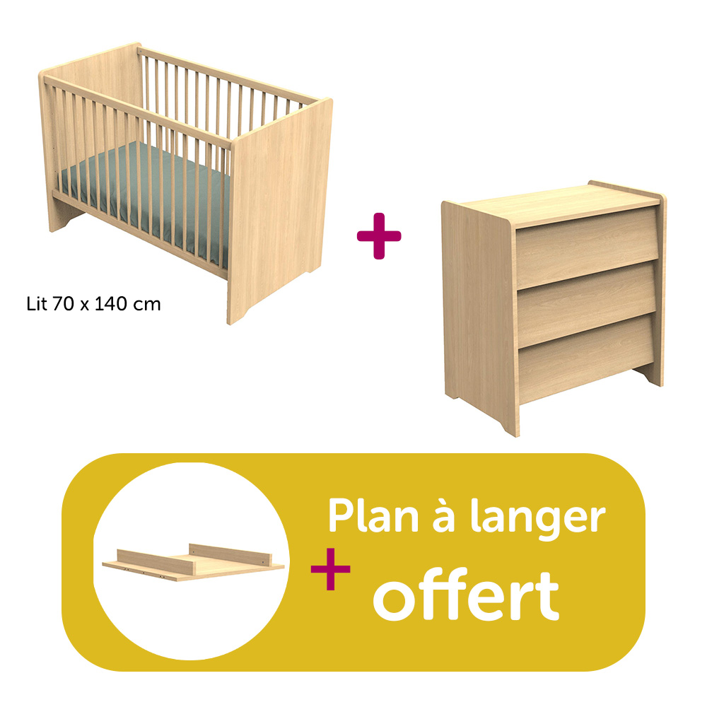 Sauthon - Chambre Duo Cannelle Chêne Miel: lit 140x70 Lit 120x60, commode, plan à langer offert   Sauthon