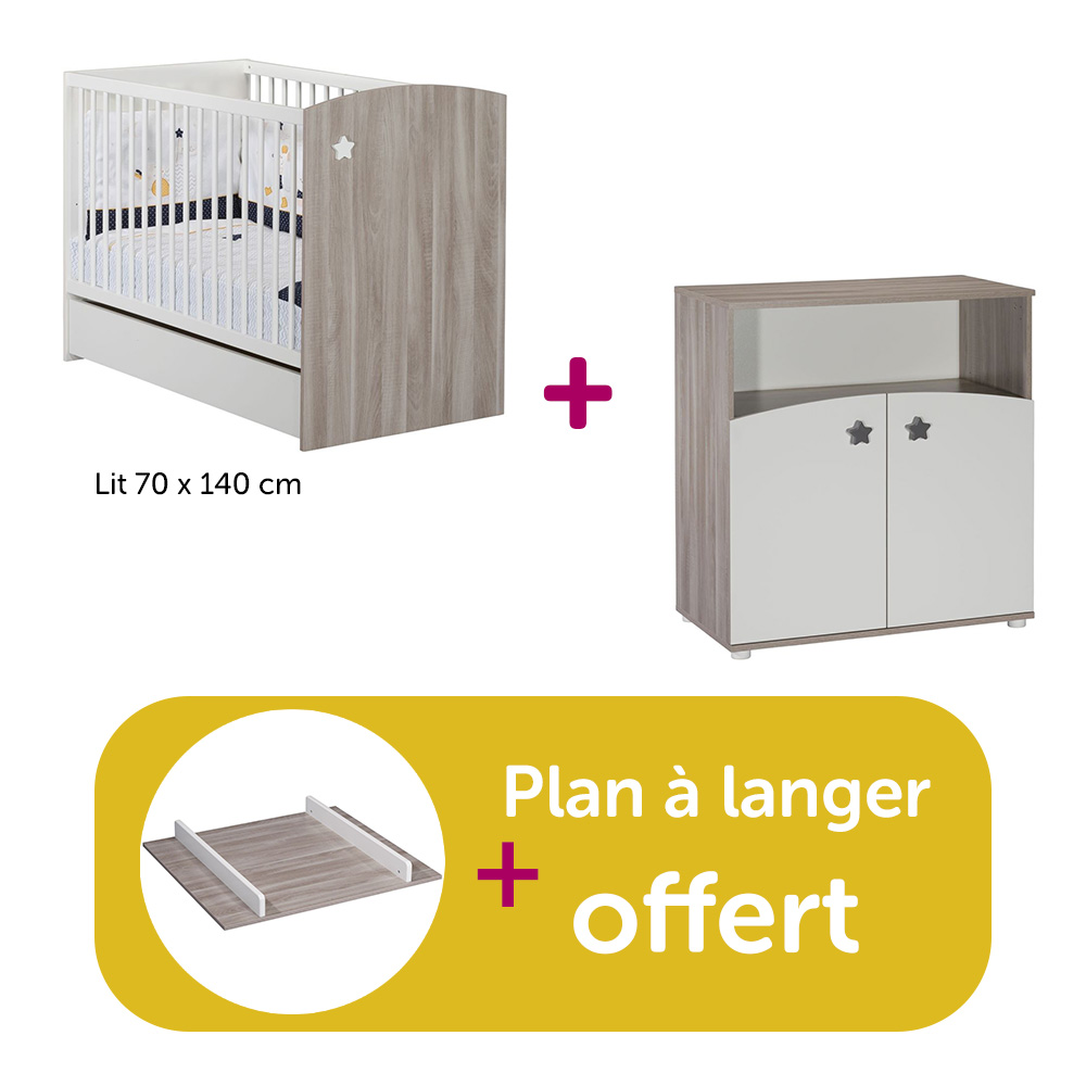 Sauthon - Chambre Duo Astral : lit 70x140, commode, plan à langer offert  Sauthon
