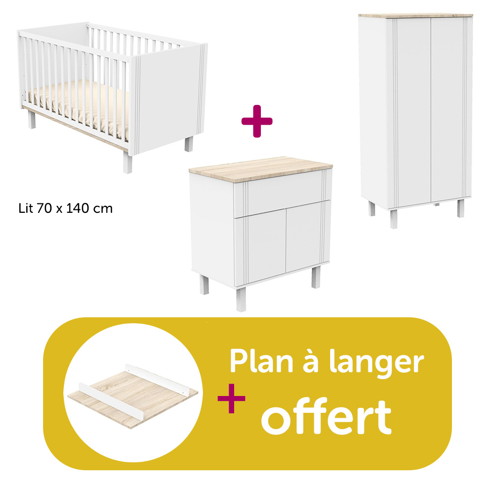 Sauthon - Chambre bébé complète Eléonore blanc : lit 70x140, commode, armoire, plan offert   Sauthon