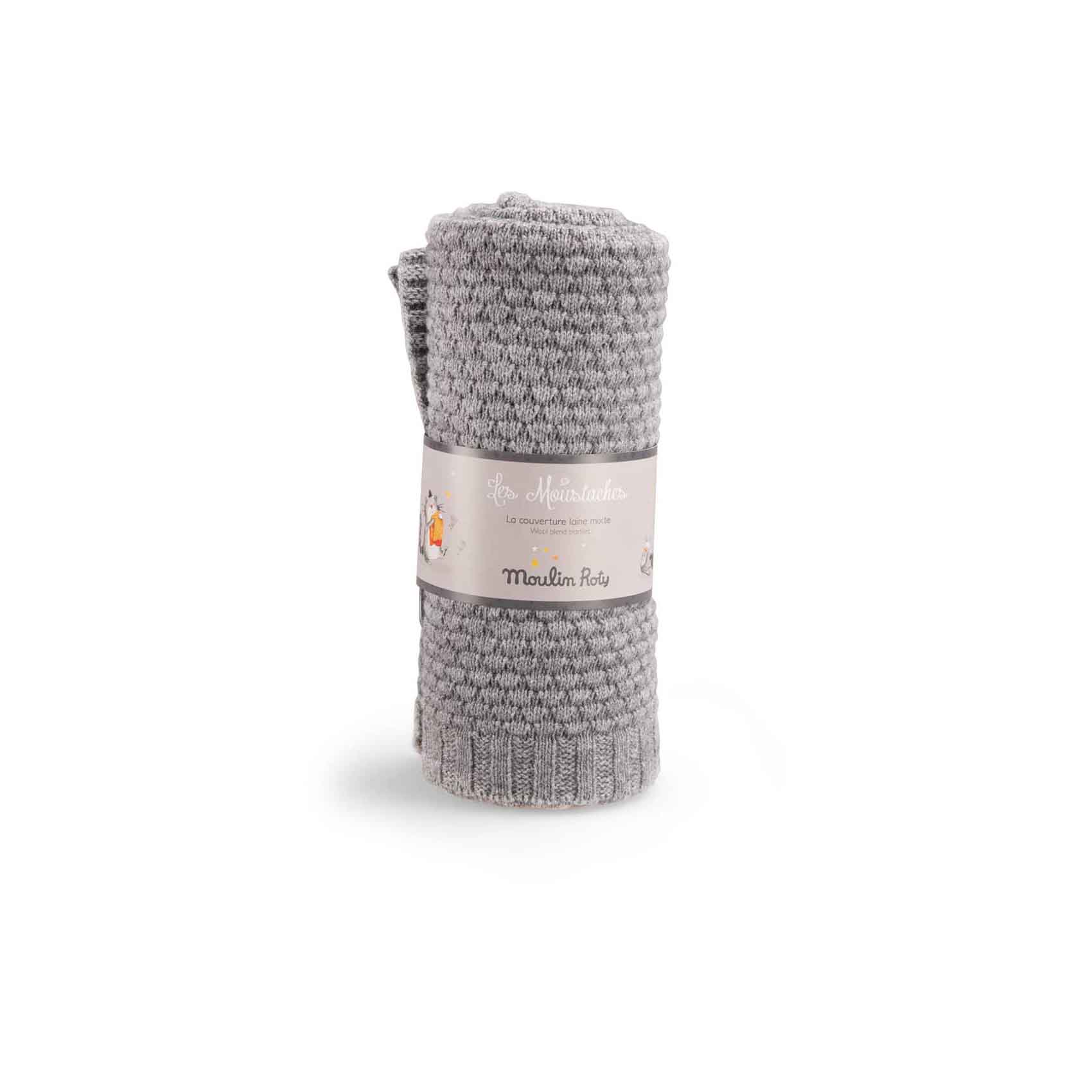 Couverture laine mixte Les moustaches GRIS Moulin Roty