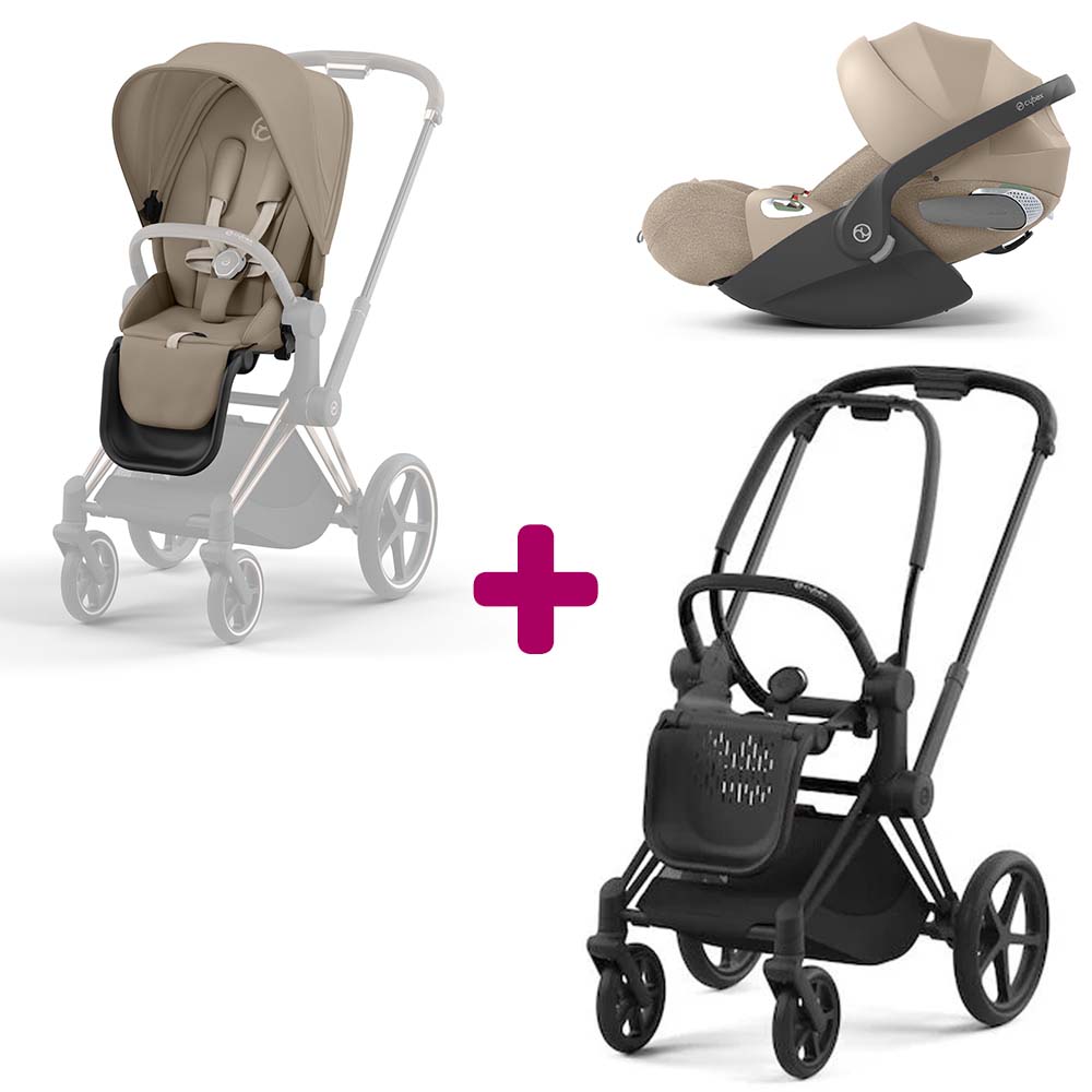 Cybex - Pack Duo Châssis poussette Priam matt black 2022 + Siège Cozy Beige + coque Coque T i-size Cozy Beige  Cybex