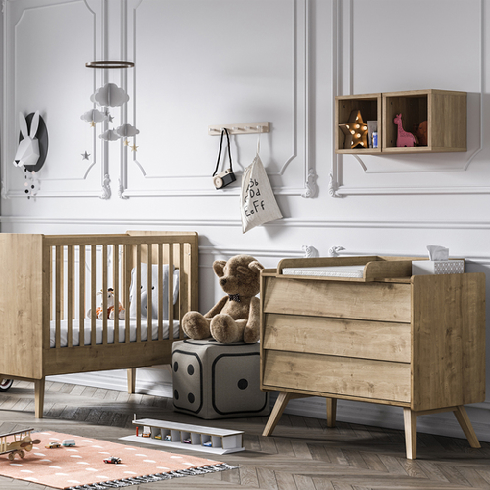 Vox - Chambre Duo Vintage : Lit bébé Vintage Bois 70x140, commode en bois, plan à langer   Vox