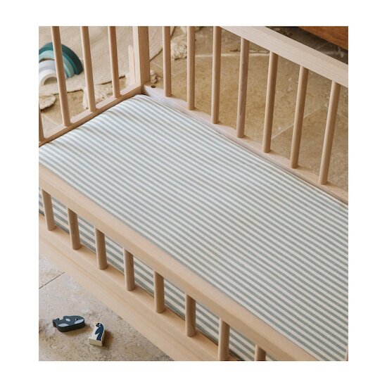 Kadolis Drap housse bébé Percale de Coton Bio Rayé Bleu ardoise 