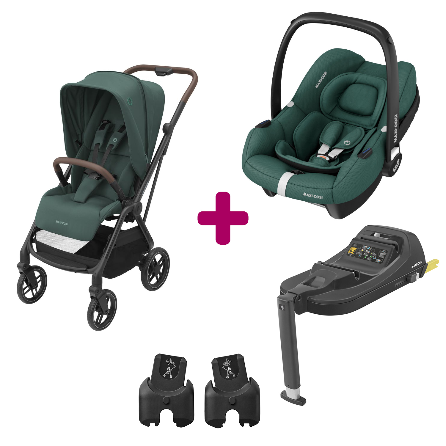 Pack poussette duo Léona 2 + cabriofix i-size essential green + base cabriofix i-size Maxi Cosi