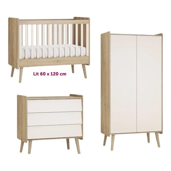 Vox Chambre Bébé Trio Vintage Fresh : Lit  60x120 cm Chêne/Sable-Beige + Commode  + Armoire 2-portes  