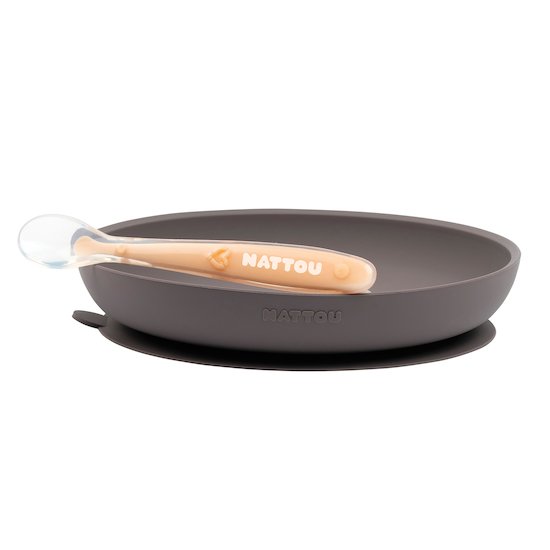 Nattou Coffret repas silicone 2 pc Assiette et cuillère Gris 