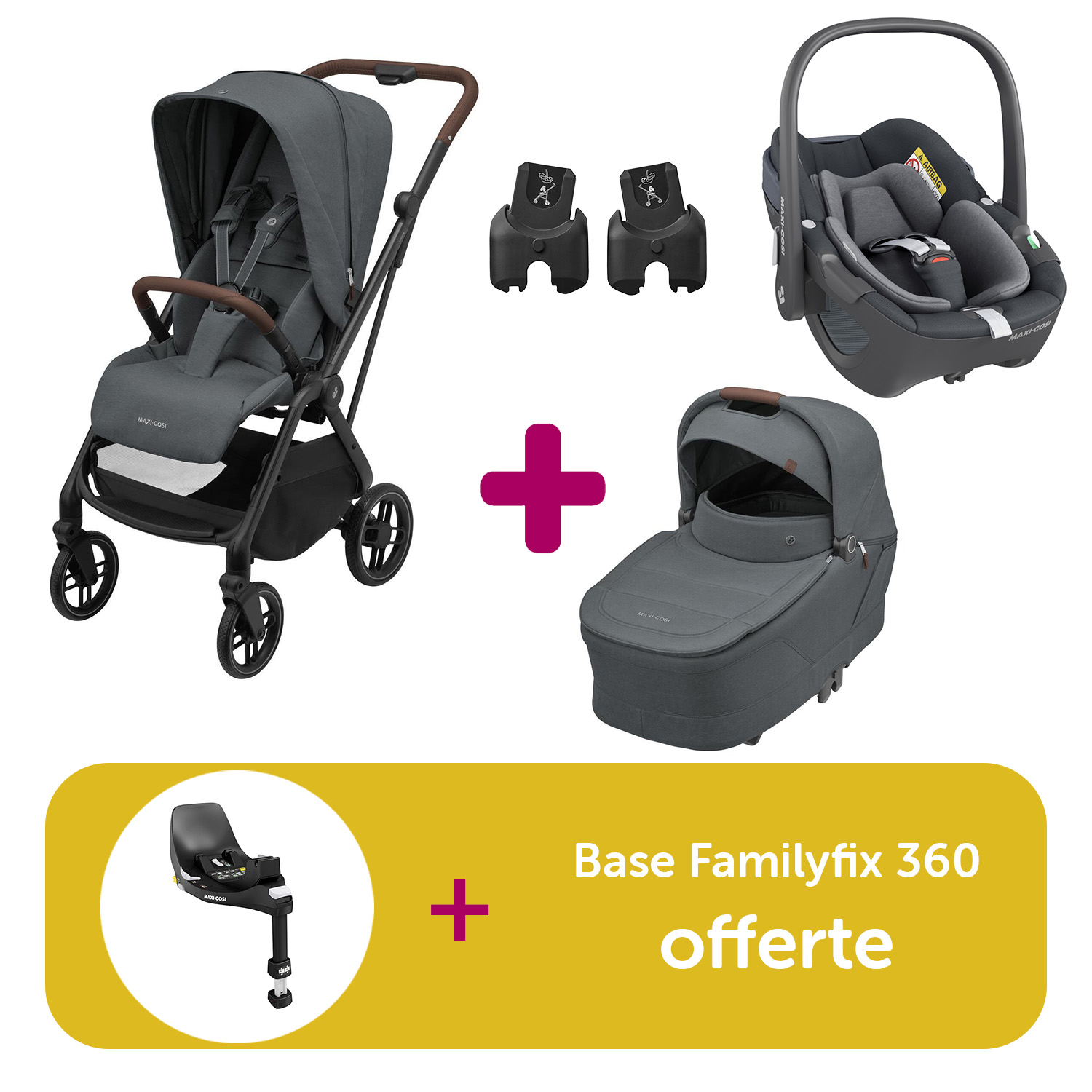 Pack Poussette Trio Leona 2 Twillic Graphite + Nacelle + adaptateurs coque + coque Pebble 360 Essential Graphite = Base Familyfix 360 offerte  Maxi Cosi