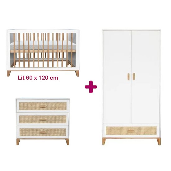 Théo Chambre bébé complète Nami Blanc : lit 60x120, commode, armoire   Théo Chambre bébé complète Nami Blanc : lit 60x120, commode, armoire