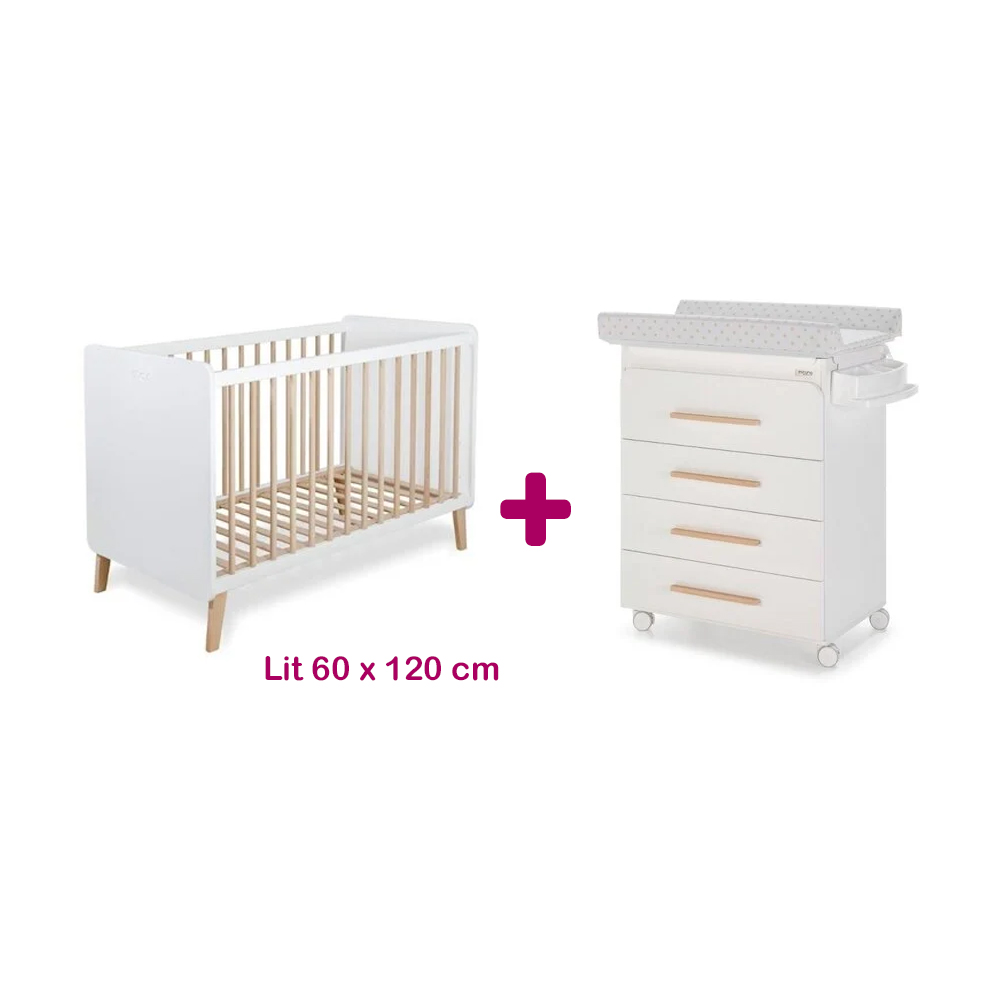 Chambre Duo Trevi : lit 60x120, commode à langer avec baignoire Micuna