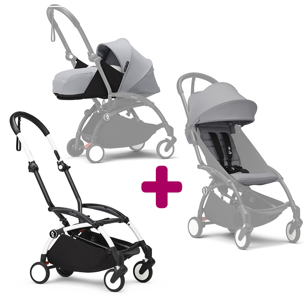 Stokke - Pack Poussette duo chassis YOYO³ Blanc + pack 6+ YOYO³ Stone + pack nouveau-né YOYO³ Stone  Stokke