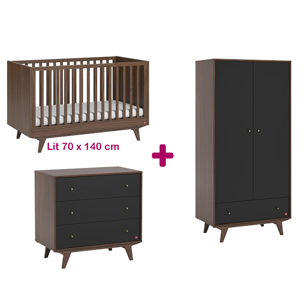 Chambre bébé complète Mid noir : lit 70x140, commode, armoire Vox