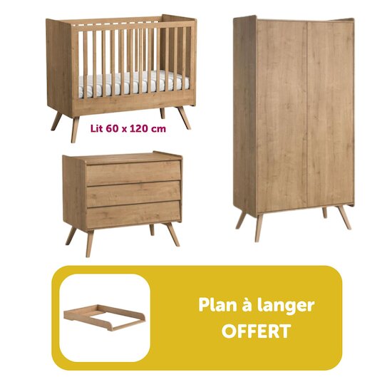 Chambre bébé complète Vintage : Lit 60x120 +commode + armoire + plan à langer offert