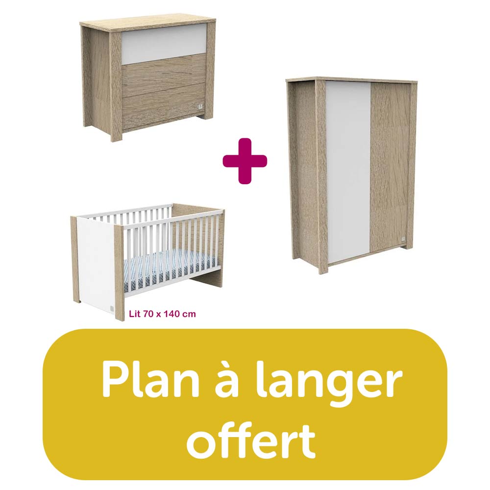 Chambre bebe complete Eleonore kaki  lit 70x140, commode, ar