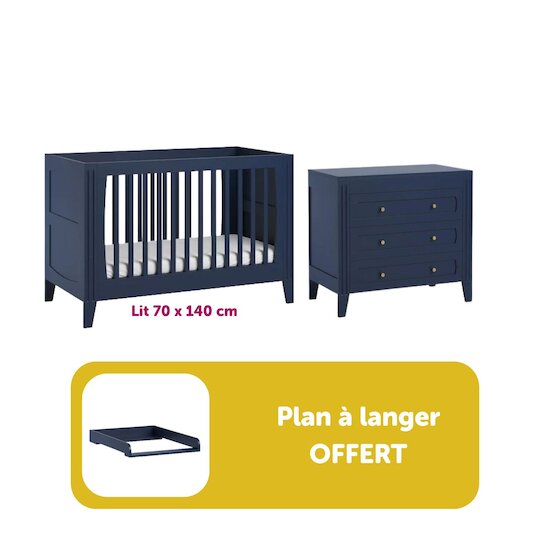 Chambre bébé duo Milenne : lit évolutif 70x140, commode, plan à langer offert 