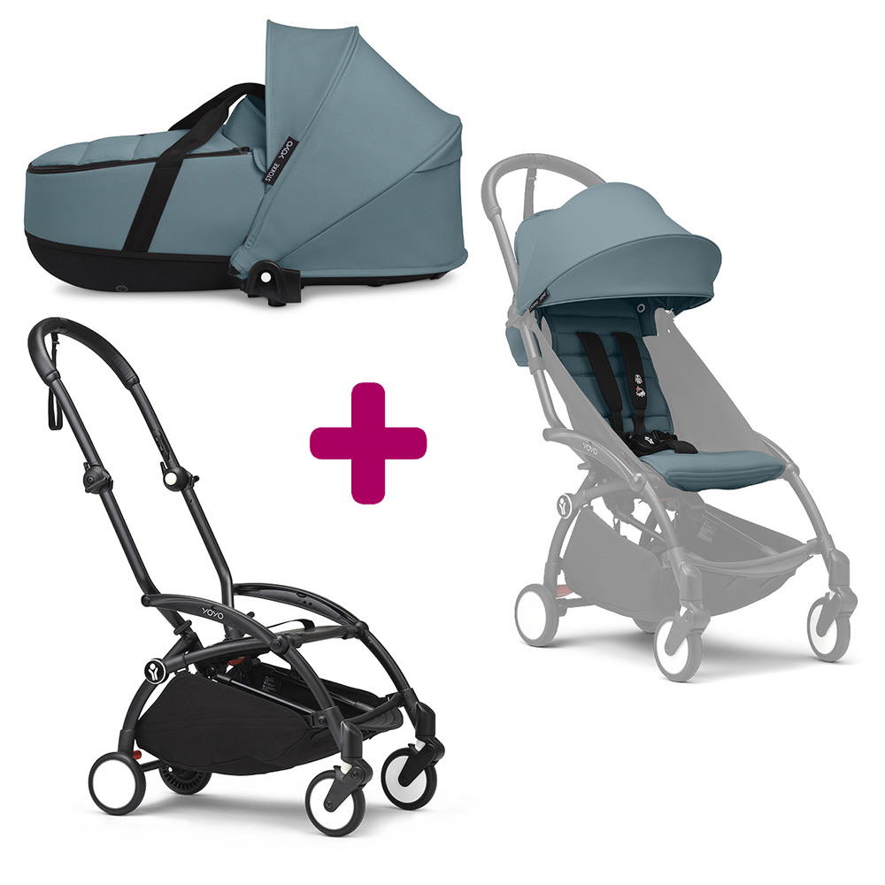 Pack Poussette duo chassis YOYO³ Noir + pack 6+ YOYO³ Aqua + nacelle YOYO³ Aqua Stokke