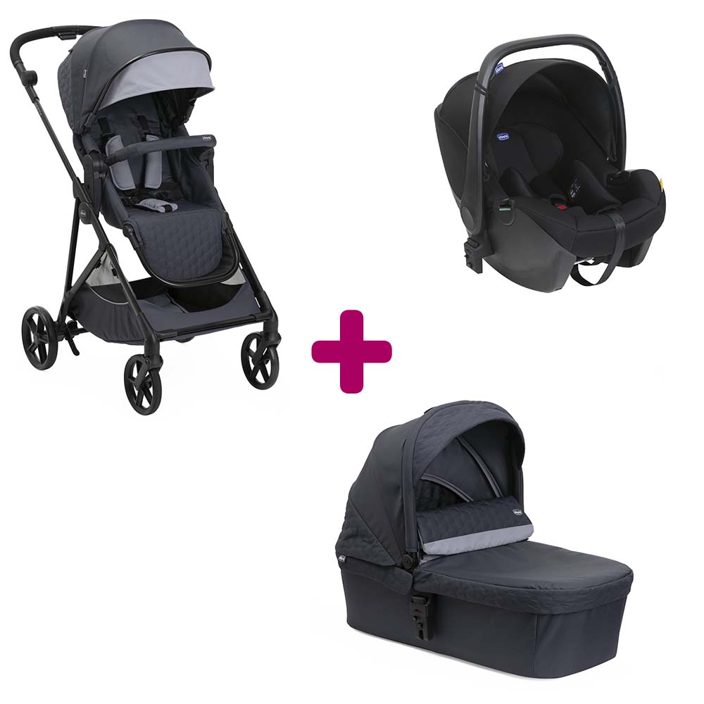 Chicco - Pack poussette trio Seety Boston grey + coque Kory essential black + nacelle Boston grey  Chicco