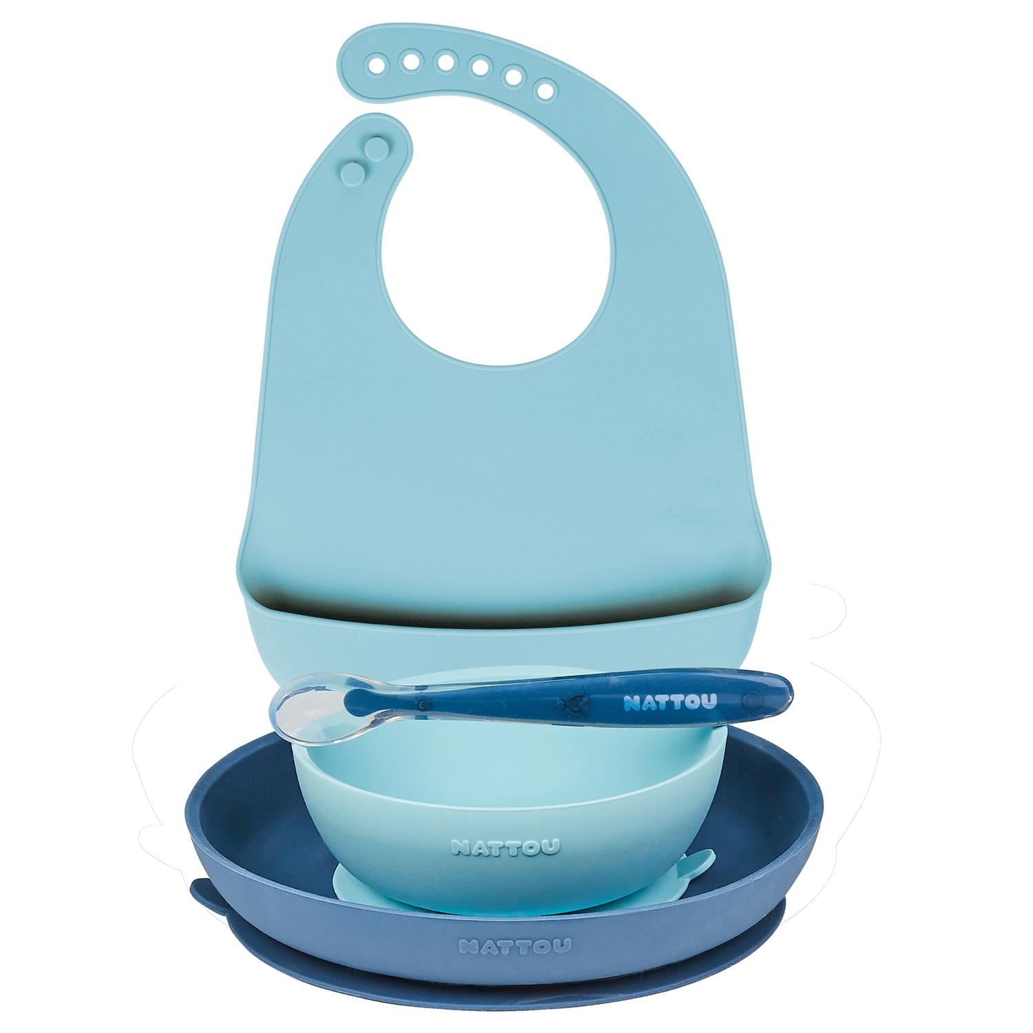 Nattou - Coffret de repas silicone 4pc avec bavoir BLEU Nattou