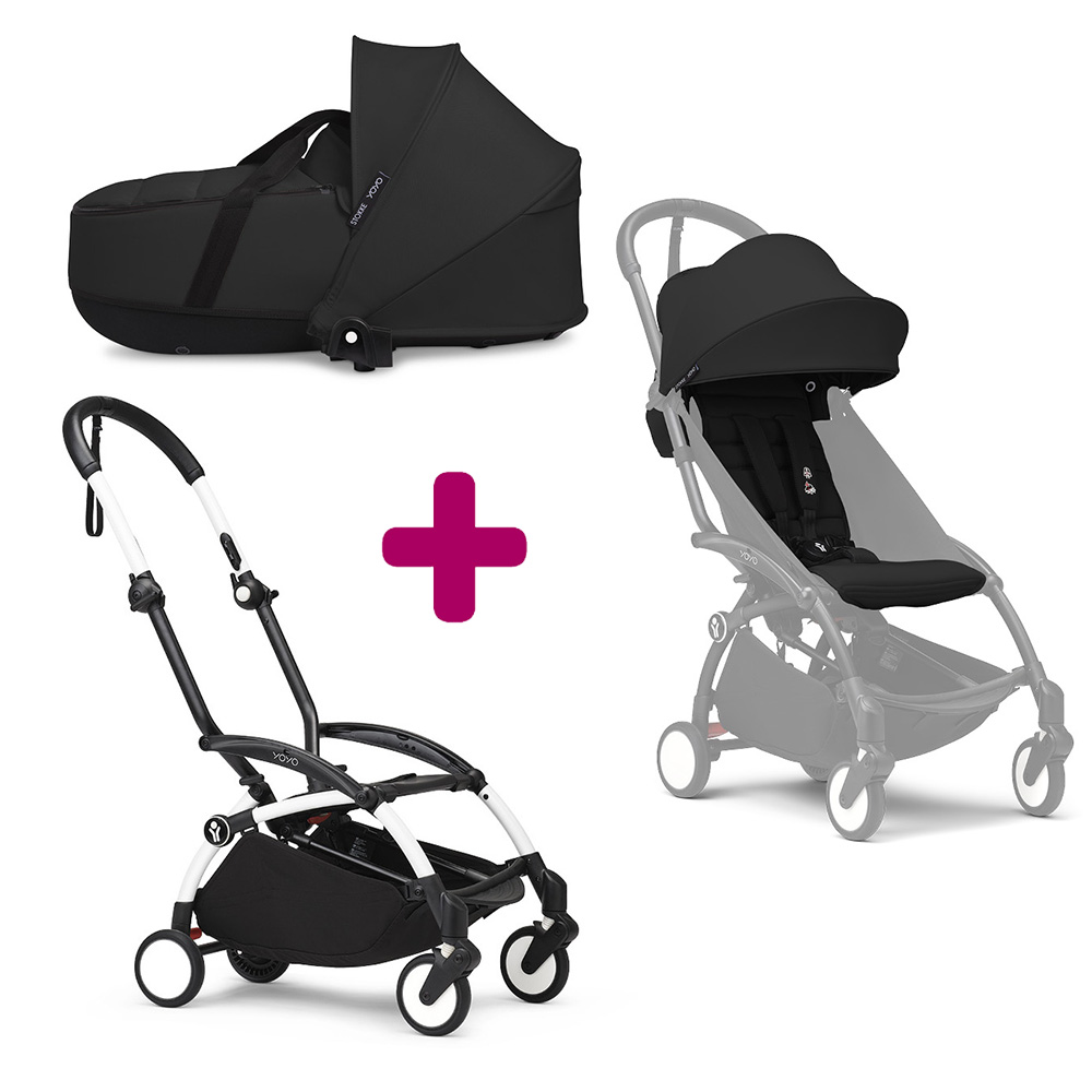 Pack Poussette duo chassis YOYO³ Blanc + pack 6+ YOYO³ Noir + nacelle YOYO³ Noir Stokke