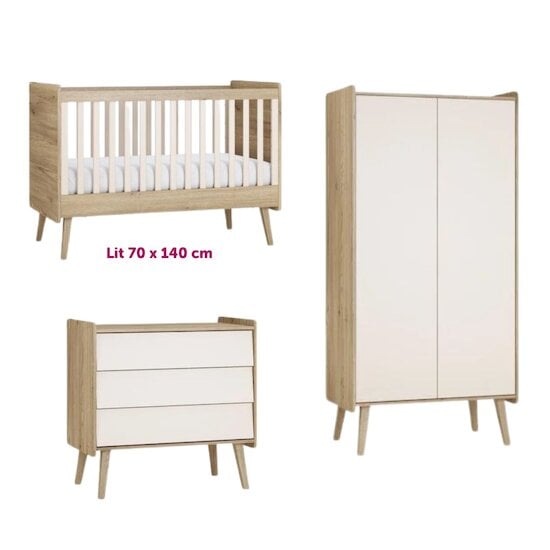 Vox Chambre Bébé Trio Vintage Fresh : Lit évolutif 70x140 cm Chêne/Sable-Beige + Commode + Armoire 2-portes  