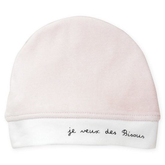 Trois Kilos Sept Bonnet Naissance velours Je veux des bisous Rose 