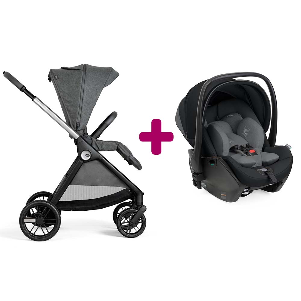 Chicco - Pack poussette duo Bellagio black satin + coque First Seat Recline i-size black satin  Chicco
